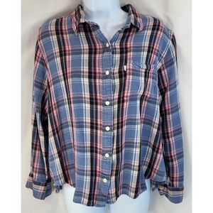 Levis Womens Flannel Shirt XL Boyfriend Fit Blue Plaid Button Up Barrel Cuff